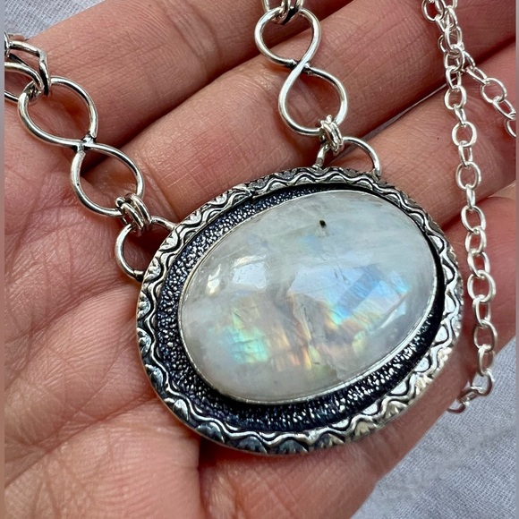 925 Ethereal Flash Rainbow Moonstone Pendant Necklace!